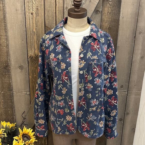 Vintage Vivaldi 100% Cotton Oversized Blue Floral Jean Jacket - Picture 1 of 10